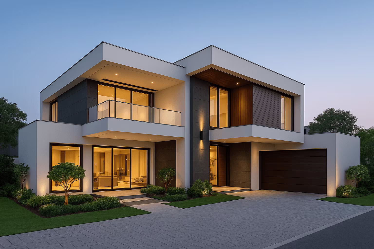 A modern luxury villa with a pristine lawn and clear sky, representing architectural excellence.